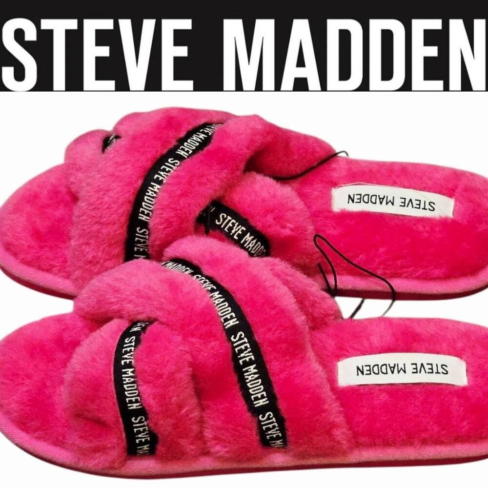 Steve Madden Logo Criss-Cross Pink Fuzzy Slippers